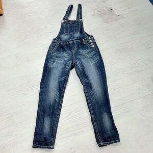 Rock & Roll Cowgirl Blue Denim Distressed Bib Overalls Size Medium 34” Waist